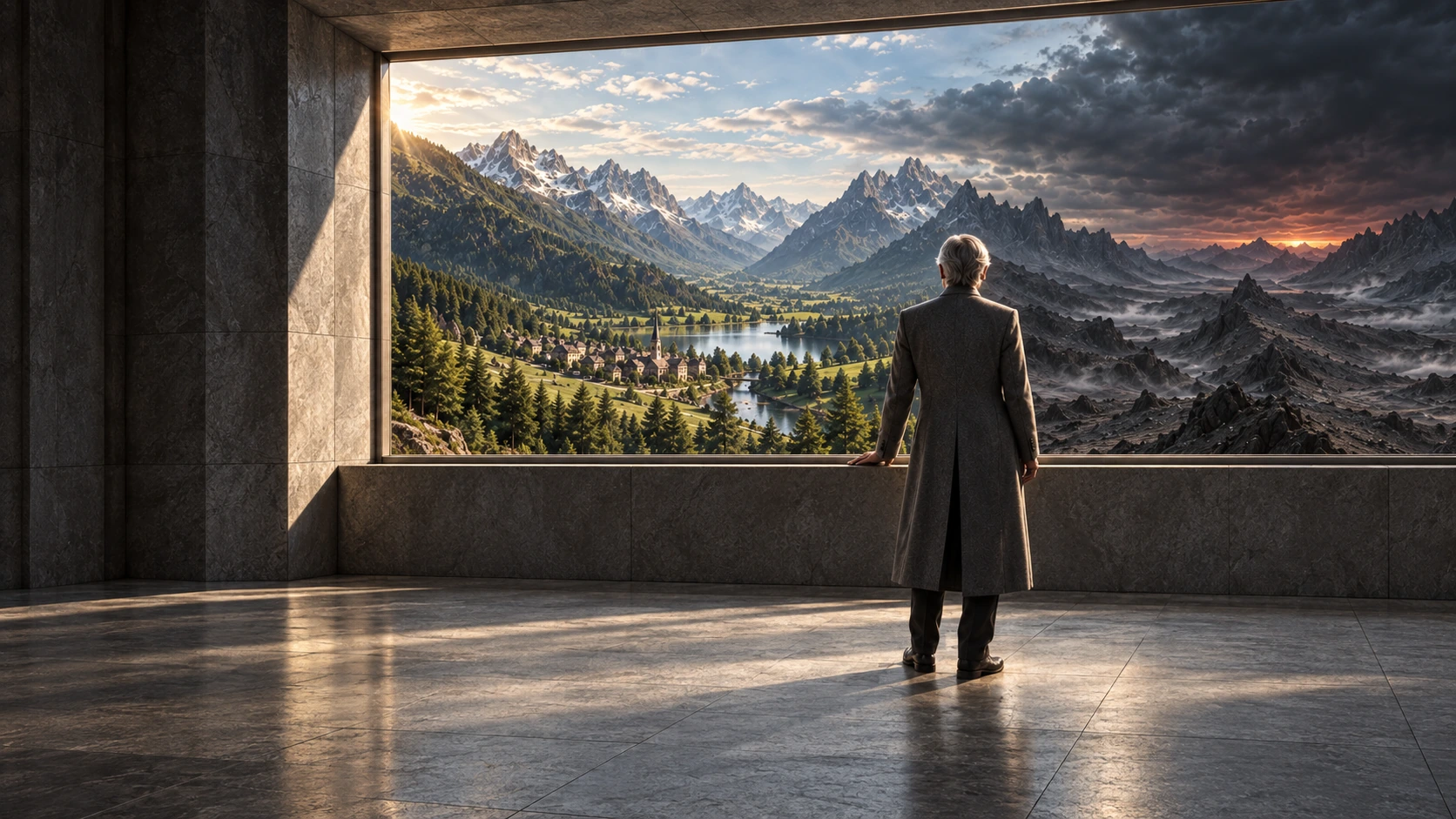 The Steward looking from an observatory across the Habitat and Underworld